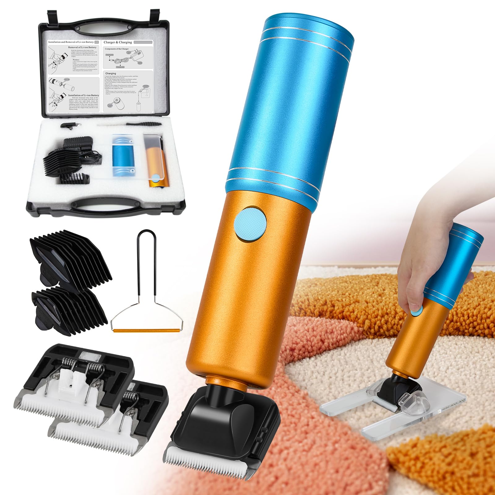 Easyanuo Cordless Carpet Trimmer with Shearing Guide, 400W Tufting Shears with 2 Blades + 2 Limit Combs + Lint Removers, 12V Lightweight Rug Carving
