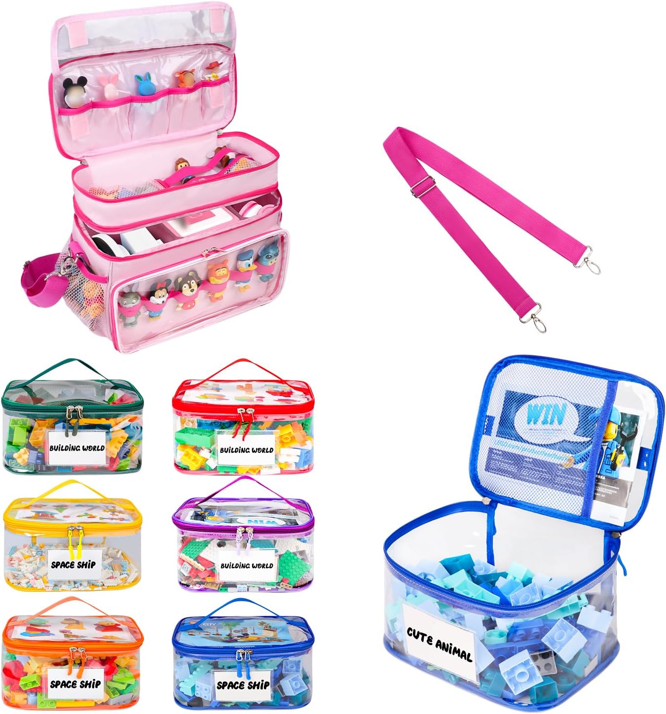 6 Pack Large Clear Toy Storage Bag with Name Tag& Manual Pocket for Lego Bricks, Building Blocks Colorful& Carrying Case Compatible with Toniebox Starter Set for Tonies Figures Characters Pink