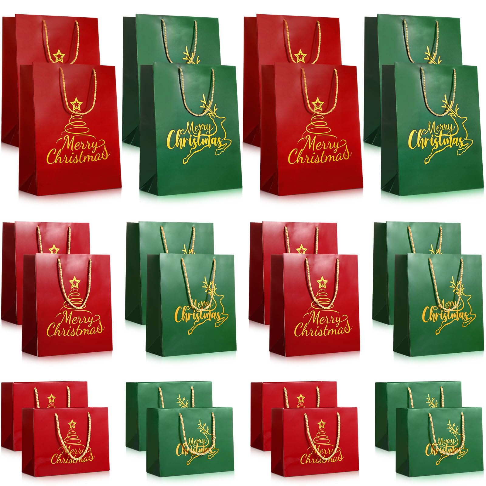 Zhanmai 12 bolsas de regalo de Navidad a granel con diseño de árbol de Navidad, alce, con asas, bolsas de golosinas rojas y verdes, bolsas de regalo de Navidad para invierno, cumpleaños, boda, baby