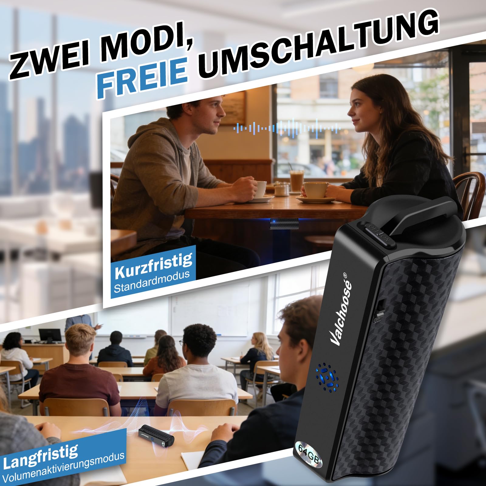 Valchoose 64 GB Digitales Diktiergerät & Aufnahmegerät mit Abhörgerät-Funktion, One-Touch-Aufnahme, Magnetfunktion für Meetings & Interviews