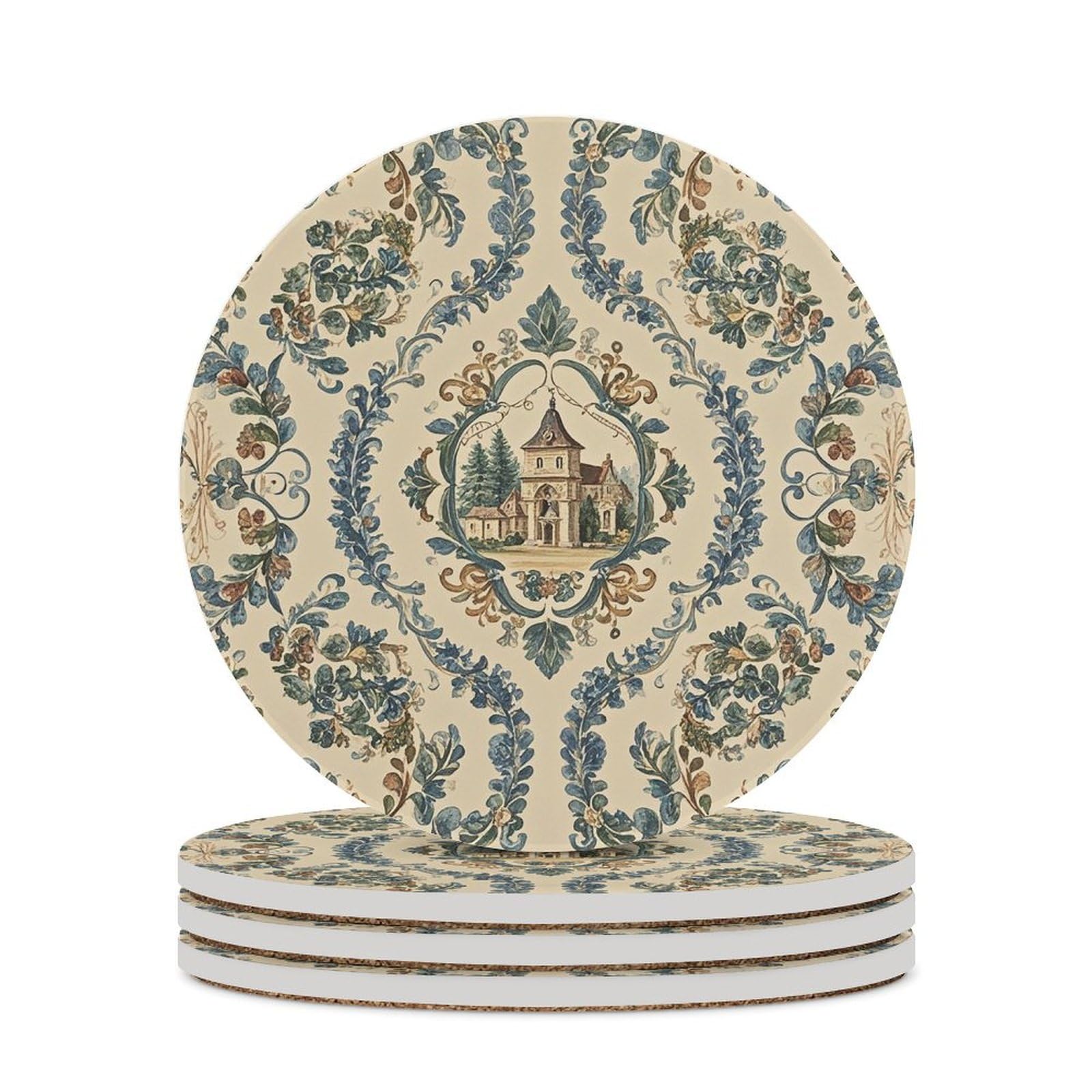 Ghbnk Style 4Pcs Drink Coasters French Country Absorbent Ceramic Coasters For Drinks Round Coaster Decorative Coffee Table Coaster Set With Cork Backing For Table Protection