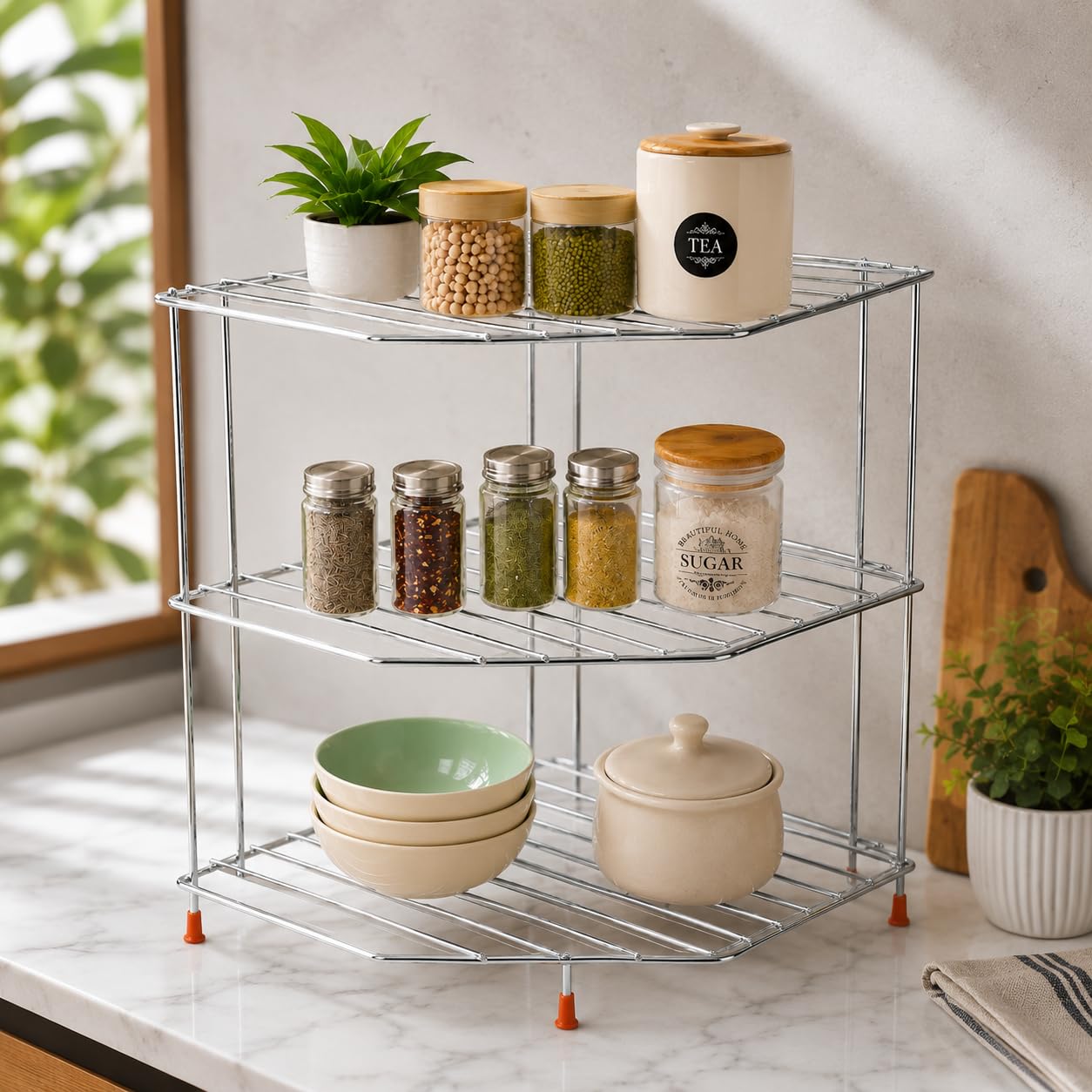 3-Tier Corner Kitchen Shelf Rack, Chrome Wire Countertop Organiser | Spice & Pantry Storage, Anti-Slip Feet, Corner Design, Steel Wire Frame, Countertop Stand-image-5