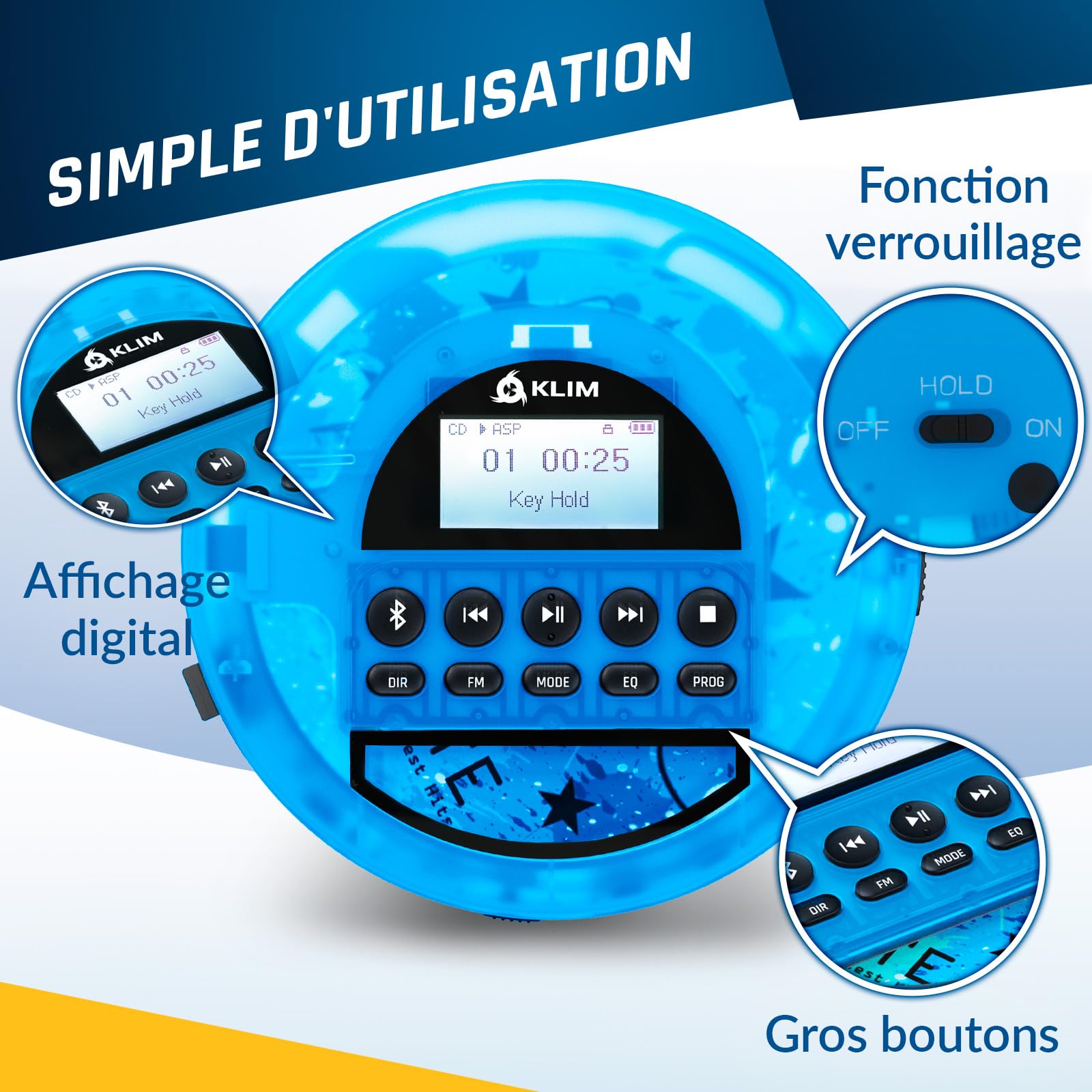 Nomad Lecteur CD Portable Bluetooth - Batterie Longue Durée - Radio FM TF | Écouteurs Inclus, Double Port Audio, Carte TF, Radio FM, Protection Anti-Saut, Câble AUX Voiture - Bleu Transparent