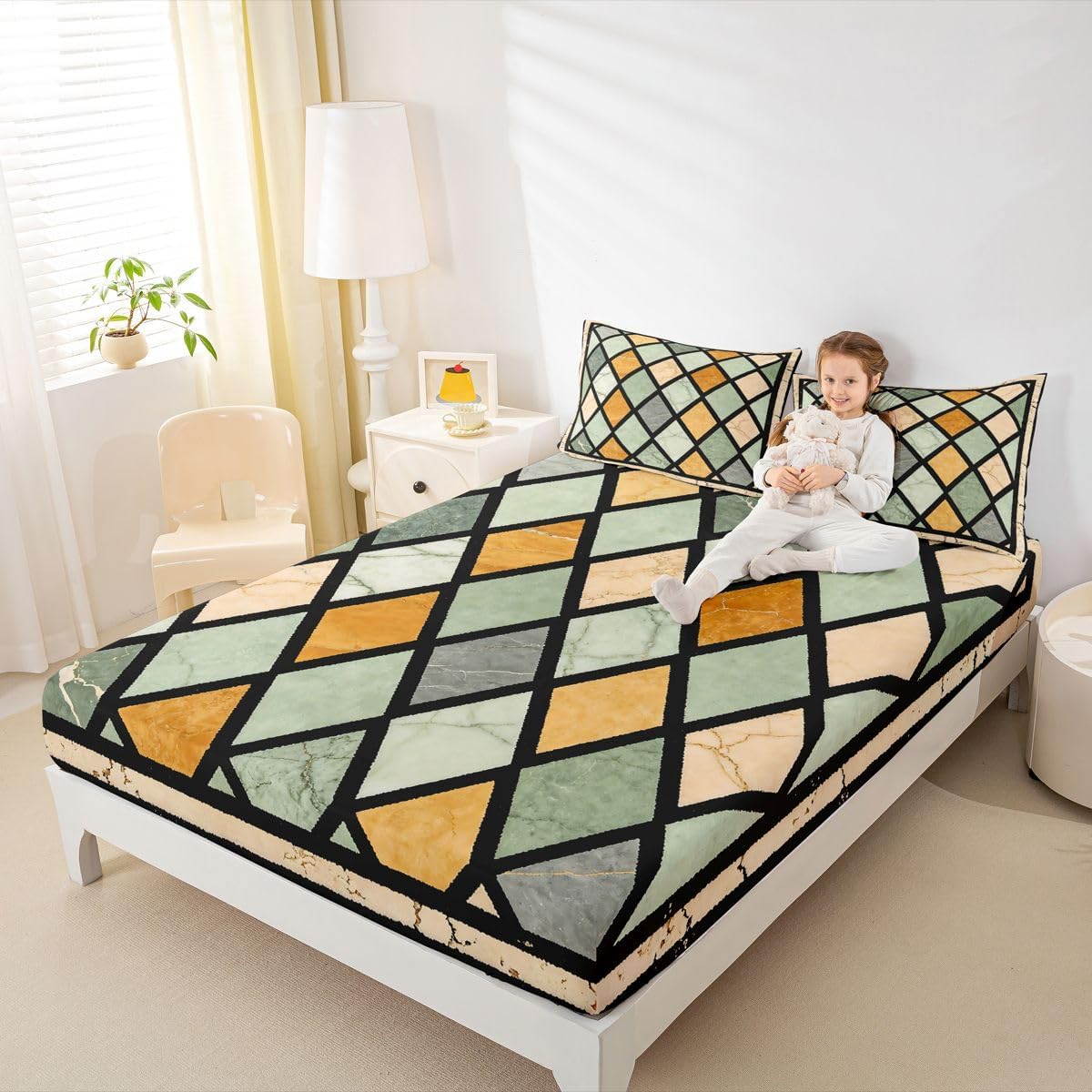Erosebridal Geometric Tile Full Fitted Sheet Fashion Marble Diamond Bed Sheets Teens Adults Stained Glass Mosaic Lattice Bedding Set Vintage Window Art Sheets