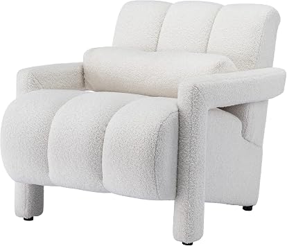 Accent Chair with Arm, Modern Upholstered Soft Teddy Fabric Lounge Chairs with Pillow, Comfy Lambswool Single Sofa Armchair, Beige
