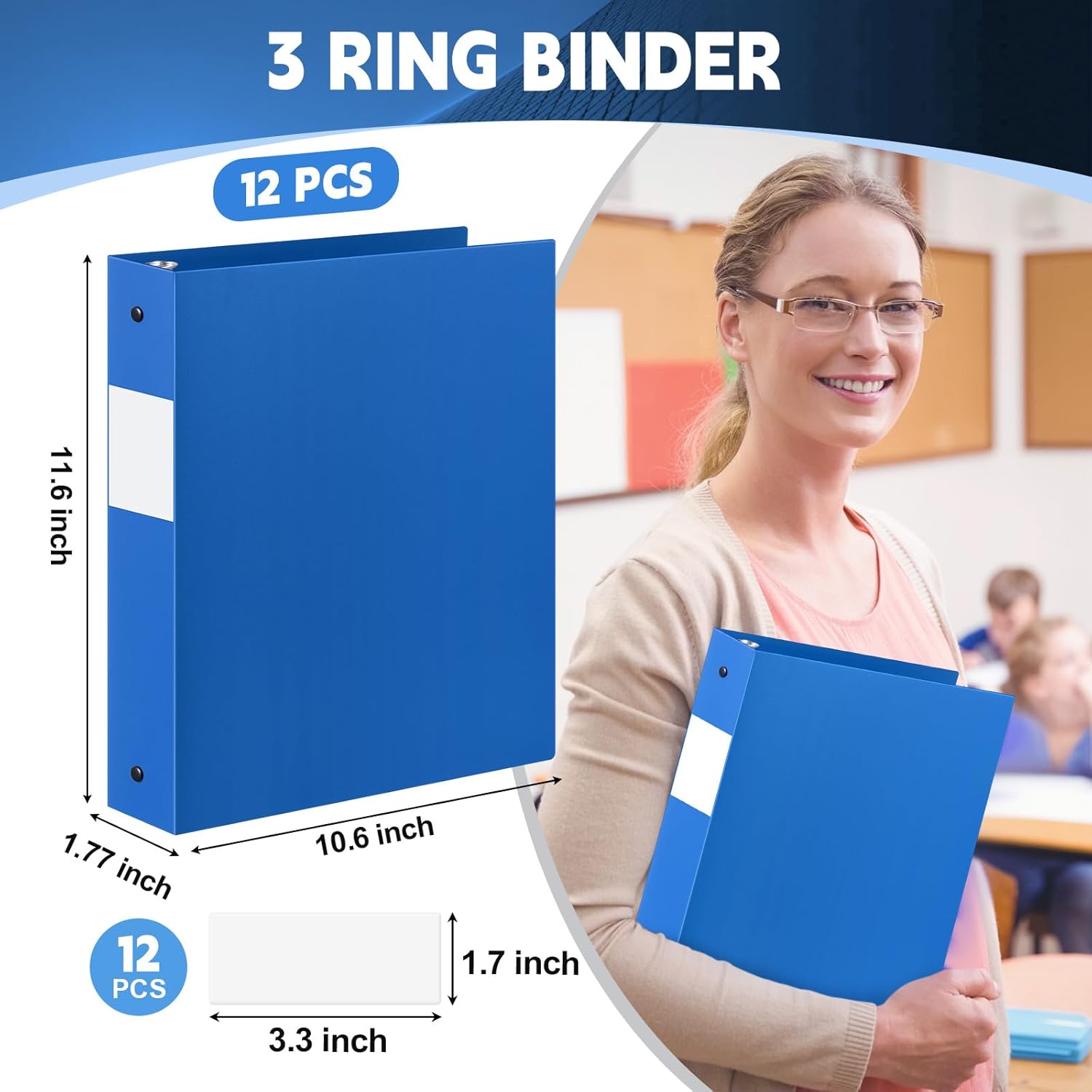 Henoyso 12 Pcs Blue 1.5 Inch 3 Ring Binder Bulk, Fits Letter Size 8.5'' x 11'' Paper, Holds 350 Sheets, 2 Pockets Plastic Binders Pack for School Office Home Organization, Press-to-Open Ring