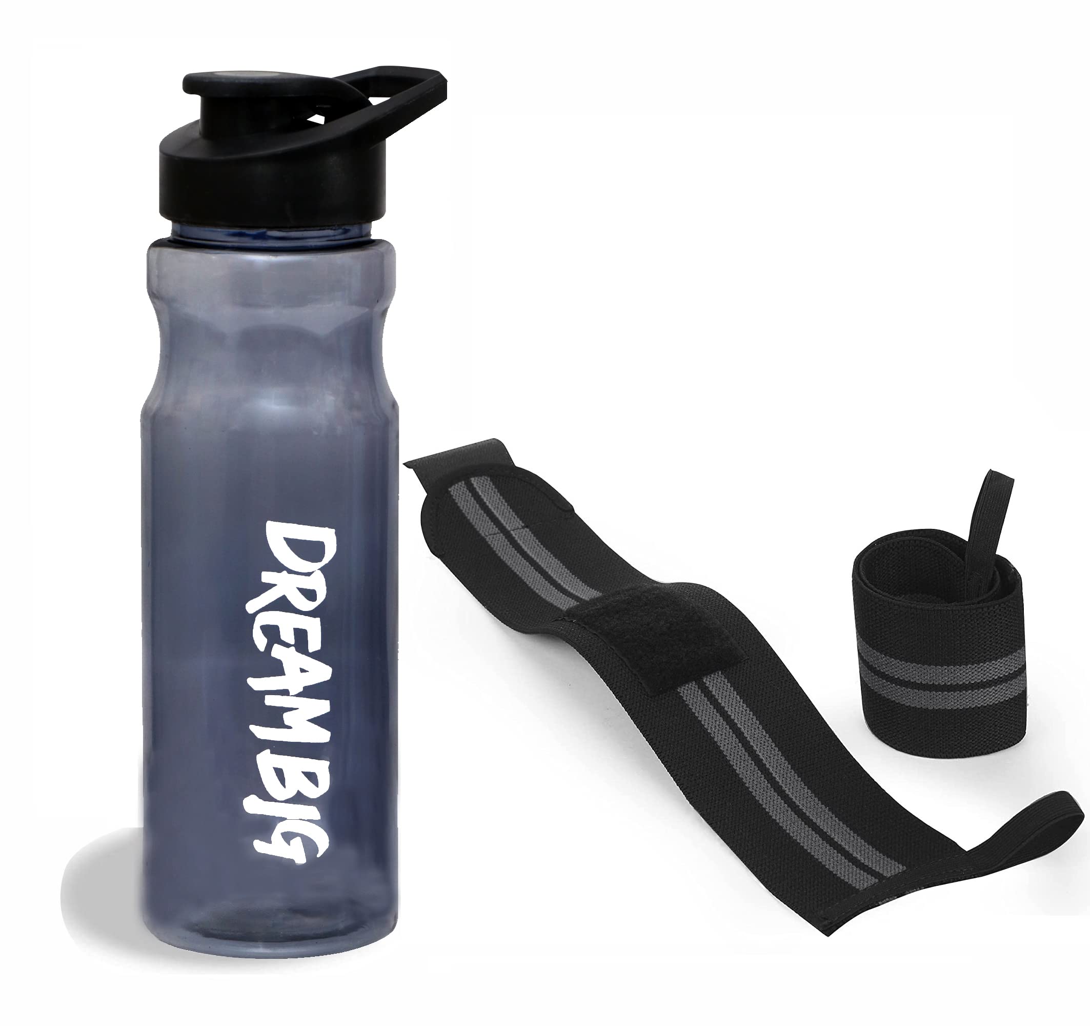 Fitness Combo of Gym Water Bottle with Wrist Band Gym Workout| Weight Lifting | Sports (BPA Free Gym Shaker Bottle 600 ml) | Stylish Sipper with Wrist Support Band for Men & Women. (Black)