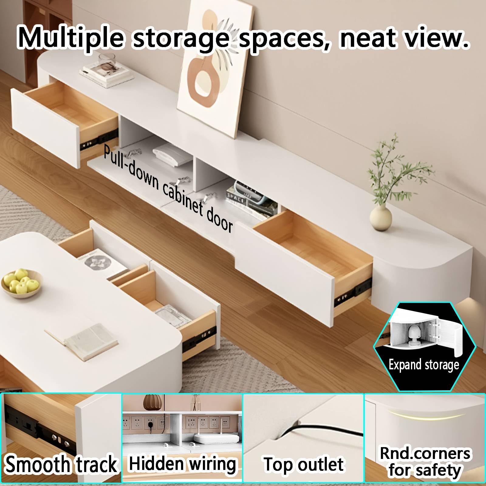 Nowoczesny pływający stojak na telewizor z wieloma kartonami Sto Minimalistyczny design Futro TV w kolorze białym 240 x 30 x 20 cm - Slish Home Entertainment Unit