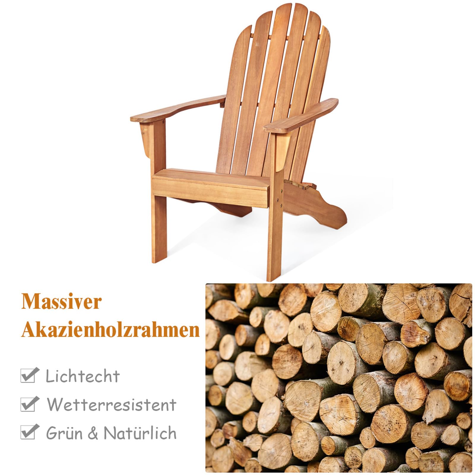 FANTASK Adirondack Chaise de Jardin en Bois d'acacia Charge Max. 160 kg Noir 69 x 88 x 103 cm