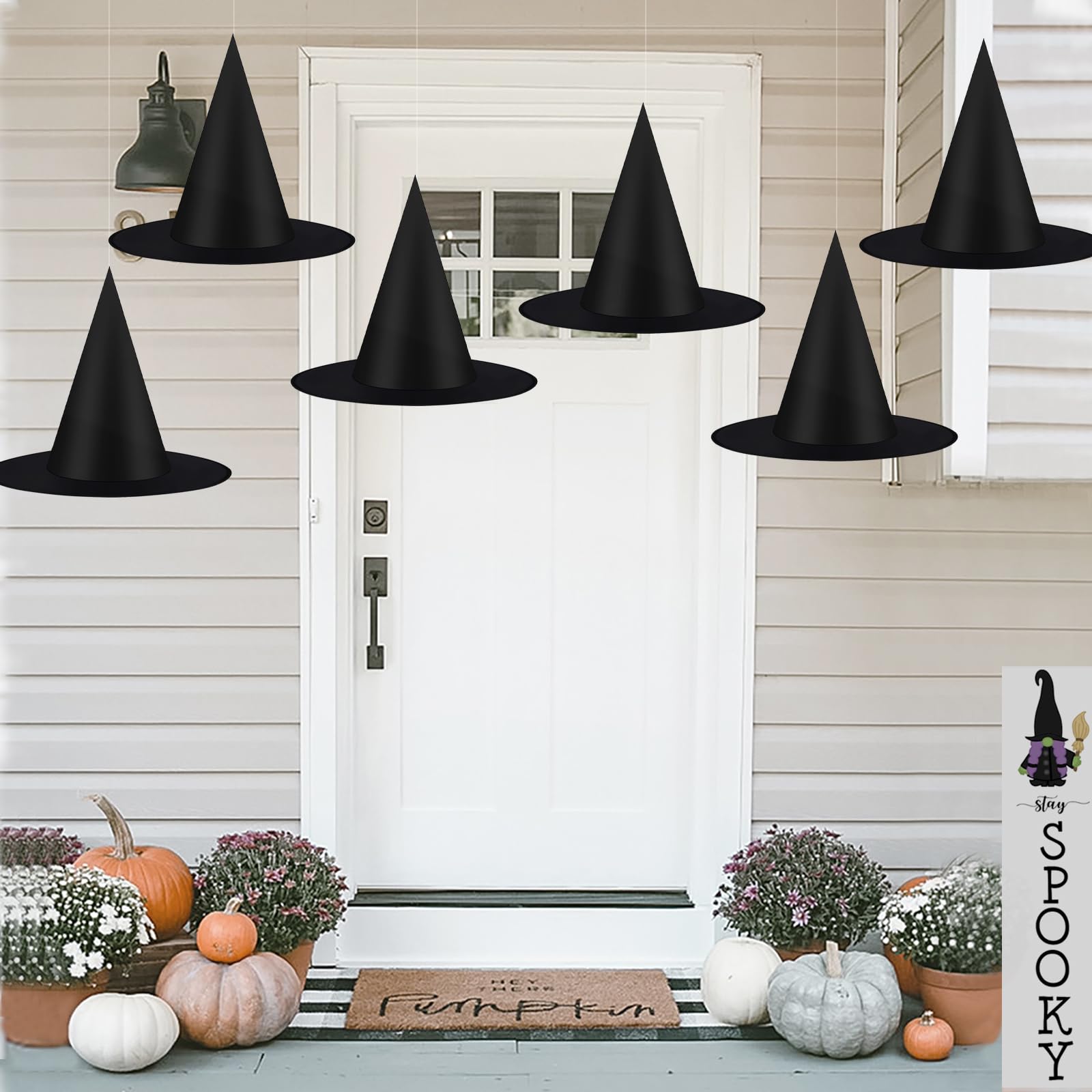 CESOF 12 PCS Halloween Decorations Witch Hat Costume Accessory, Thickened Hanging Black Wizard Hats Bulk for Women Kids with Rope Floating Porch Indoor Outdoor Hocus Pocus Decor Party Supplies