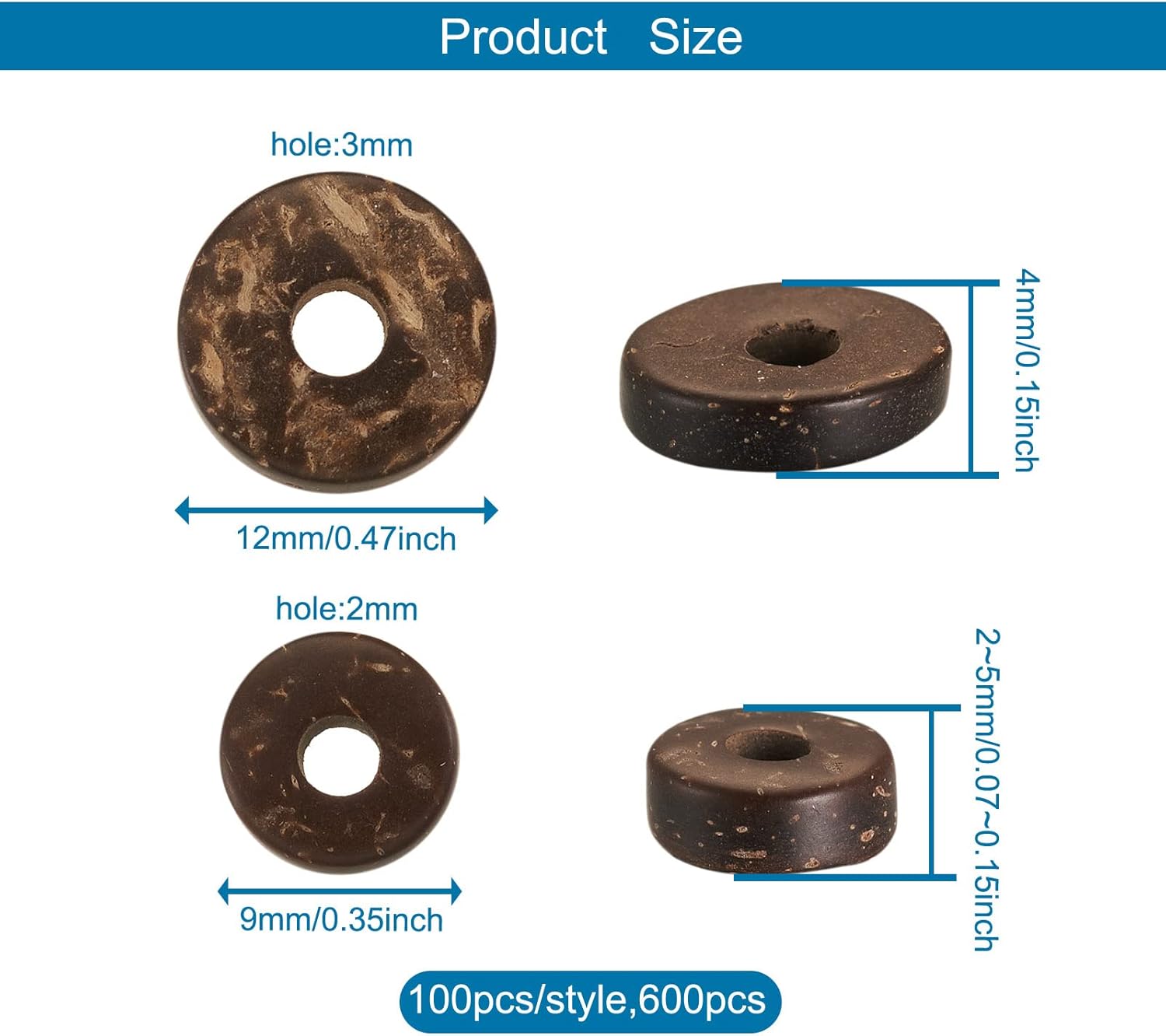 Fashewelry 600pcs Flat Round Coconut Spacer Beads 9mm 12mm Coin Disc Loose Charm Beads for DIY Jewelry Making 2-3mm Hole, 3 Colors - Image 2