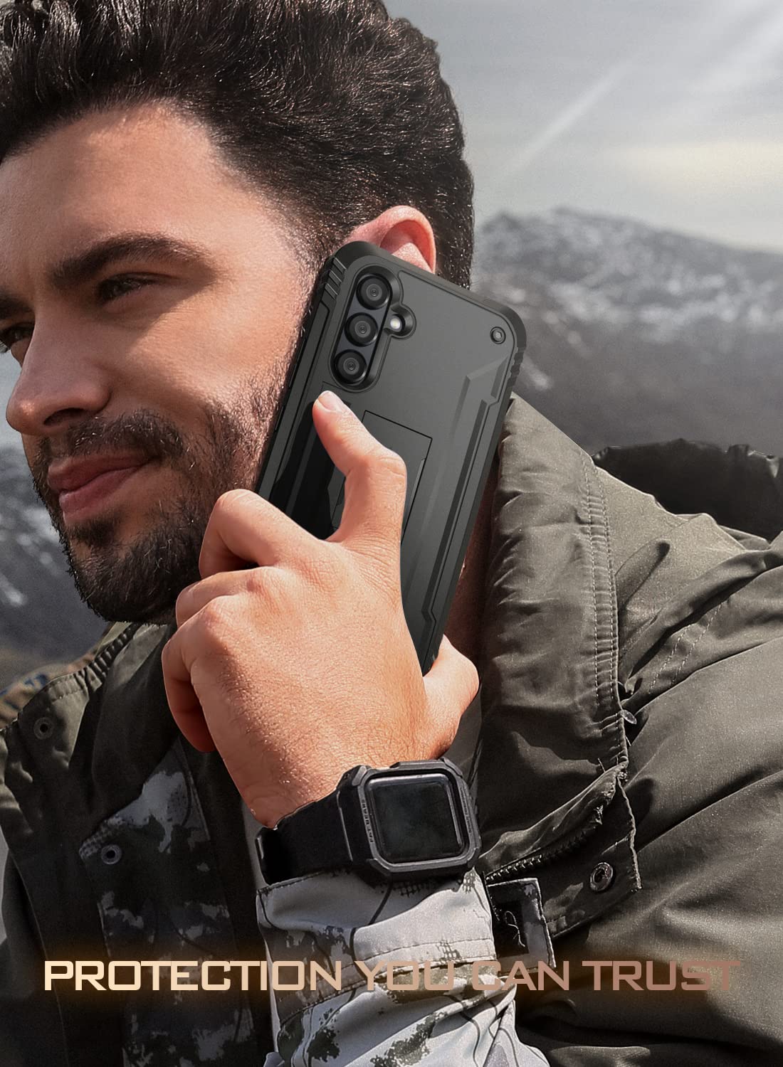 Poetic Revolution Custodia compatibile con Galaxy A54 5G (2023), custodia protettiva robusta e antiurto con cavalletto, pellicola protettiva integrata, funziona con ID impronte digitali, nero