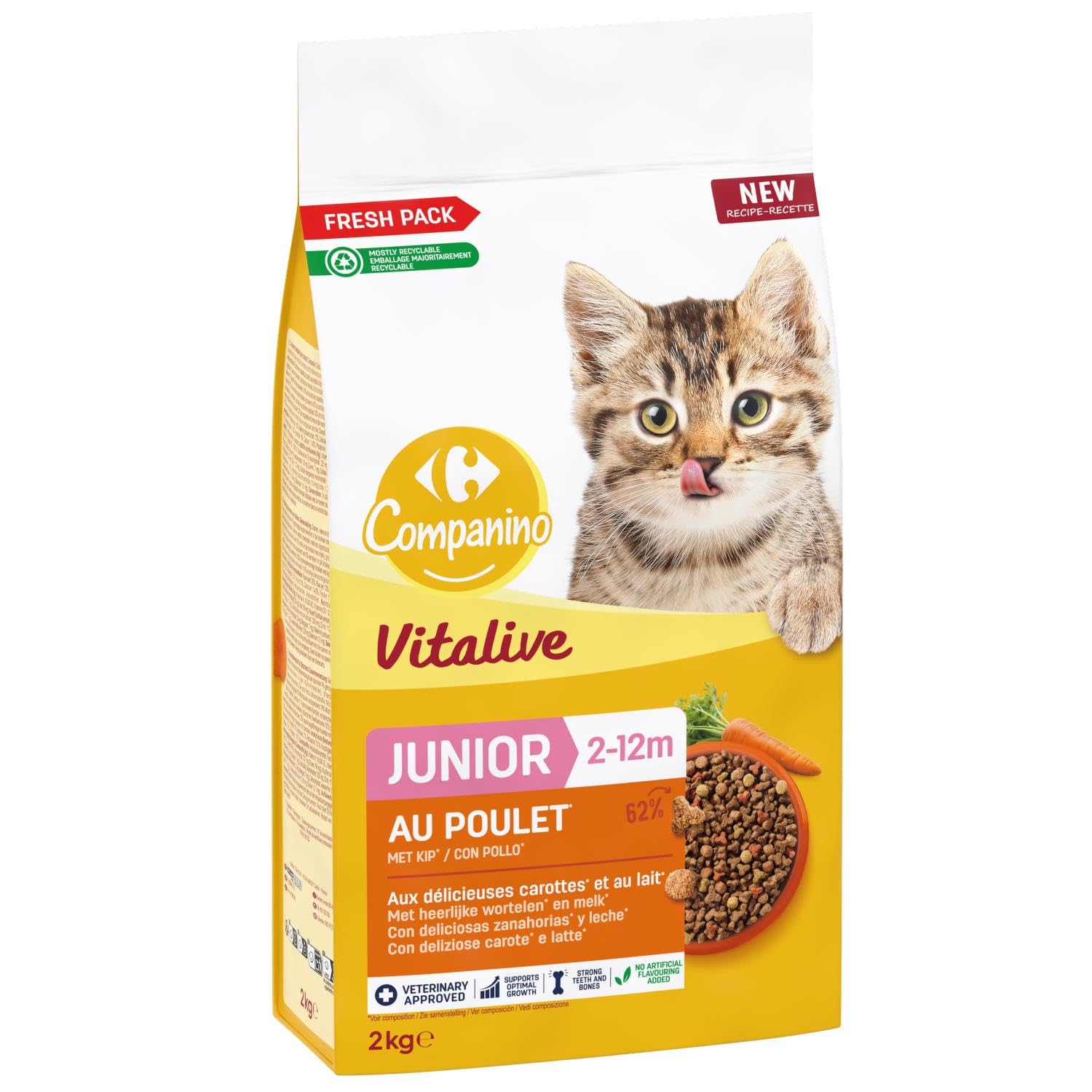 Croissance Saine pour Votre Chaton avec Carrefour COMPANINO Junior Poulet Carottes Lait, Sachet refermable 2kg - Lot de 3