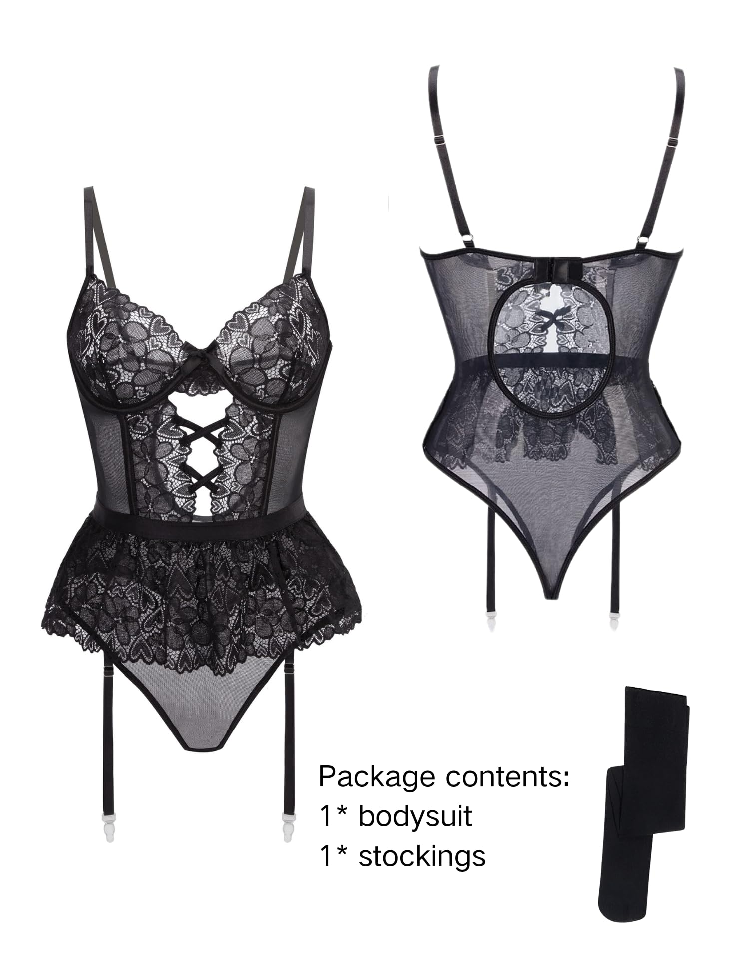 Set di Biancheria Intima con Giarrettiera e Calze, Body in Pizzo con Reggicalze Intimo Corsetto in Rete Trasparente Senza Schienale Biancheria da Notte Babydoll con Spalline Body a V Profondo