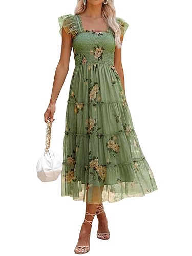 ANRABESS Women Summer Floral Midi Dress Sleeveless Boho Flowy Smocked