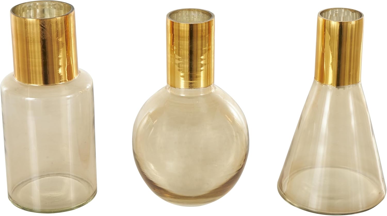 Deco 79 Glass Geometric Tinted Vase with Gold Rim and Varying Shapes, Set of 3 8",9",8" H, Gold