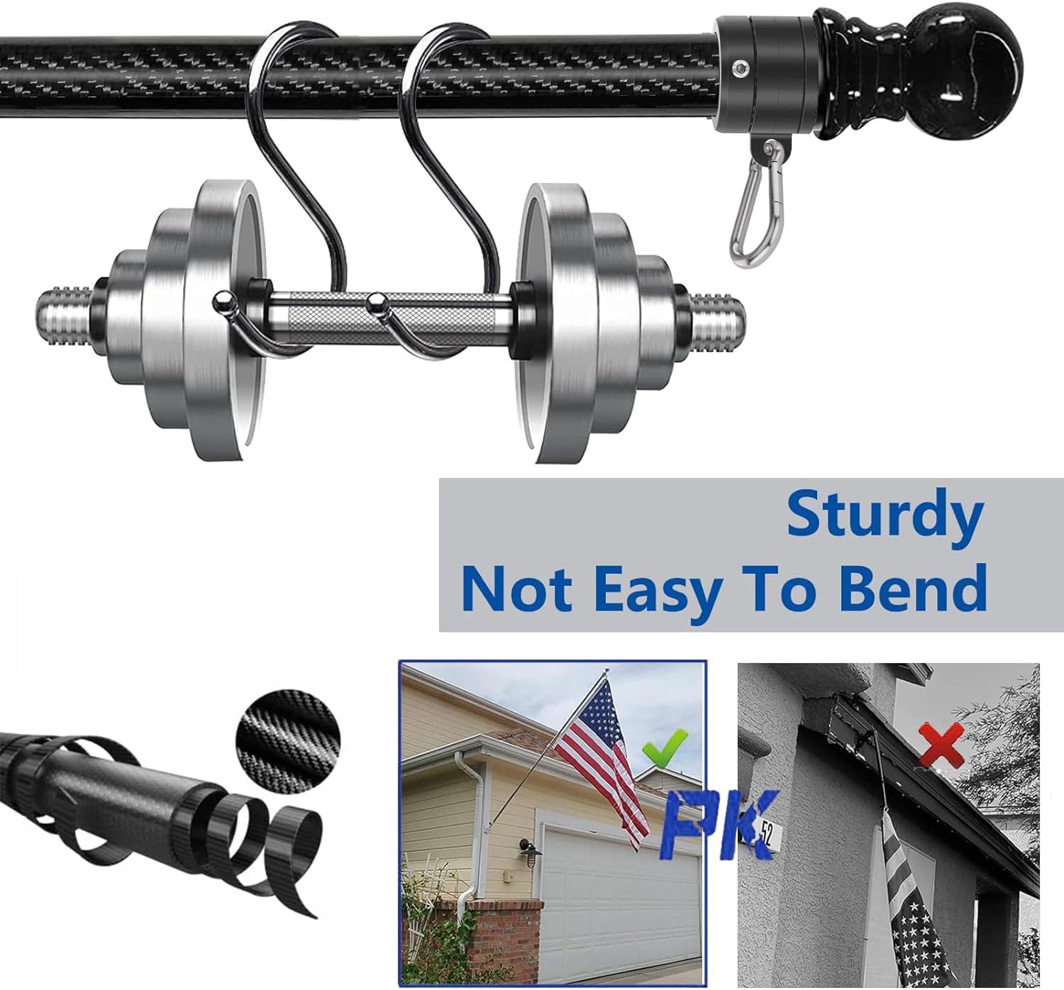 5FT/6FT Outdoor Flag Pole for House, Carbon Fiber Design Heavy Duty Flagpole with Tangle Free Spinning Grommets, High Wind Flagpole for Residential Garden Yard Porch Commercial, Black Flag Pole only