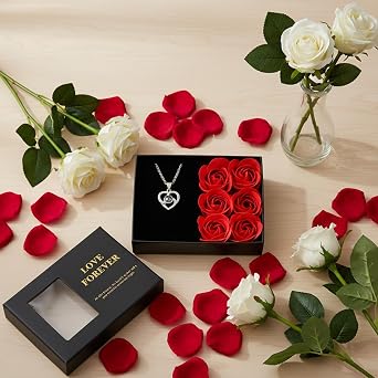 Eternal Rose Necklace Set, Elegant Flowers Gifts for Women, Preserved Forever Rose in Premium Gift Box with Romantic I Love You Necklace and Greeting Card, Birthday Gift for Girlfriend or Wife