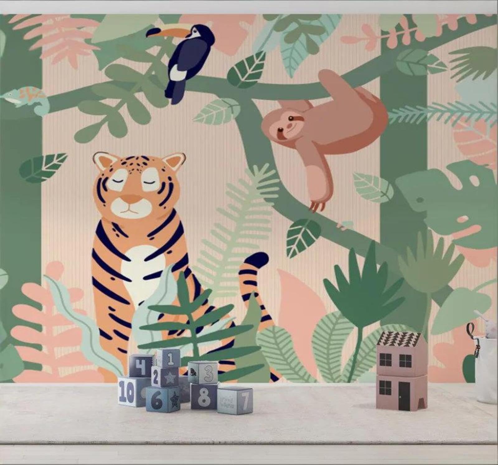 Cartoon Fresh Jungle Animals Tiger 3D Wallpaper Easy Install Feature Office Living Room Sofa Bedroom TV Background Wall Decoration-400cm×280cm
