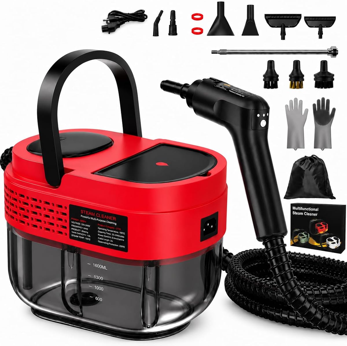 Limpiador a vapor portátil para el hogar, limpiador a vapor de alta presión de 2500 W para detalles de automóviles, 3 niveles de vapor, tanque de 1600 ml, vaporizador de alto calor para chinches, sofás, muebles, cocina, baño, pisos