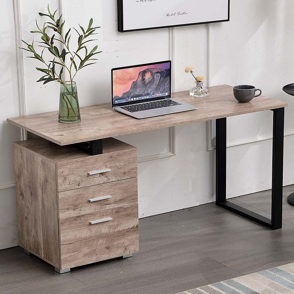 BAKAJI Scrivania con Cassettiera 3 Cassetti Tavolo da Lavoro Porta Pc Computer in Legno con Struttura in Acciaio Design Moderno 120 x 50 x 75 cm Arredamento Casa Ufficio Cameretta (Quercia)