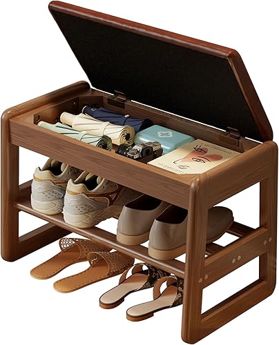 Miniatura 11 de AQIMUELE Banco pequeño para zapatos, banco de zapatos de 2 niveles con almacenamiento con tapa abatible, zapatero de madera para entrada, pasillo