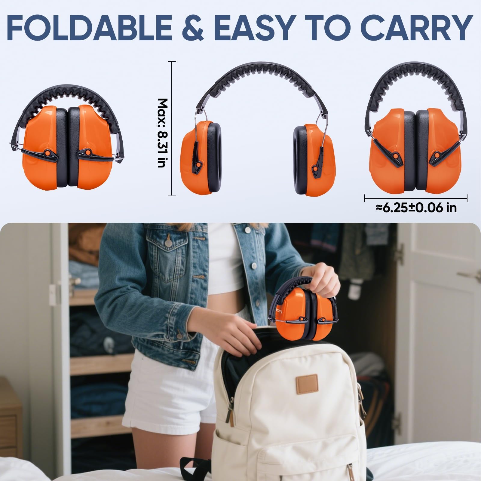 TICONN Noise Cancelling Ear Muffs for Adults, SNR 33dB Hearing Protection, Adjustable Safety Earmuffs for hunting, Construction (Bright Orange) view 6