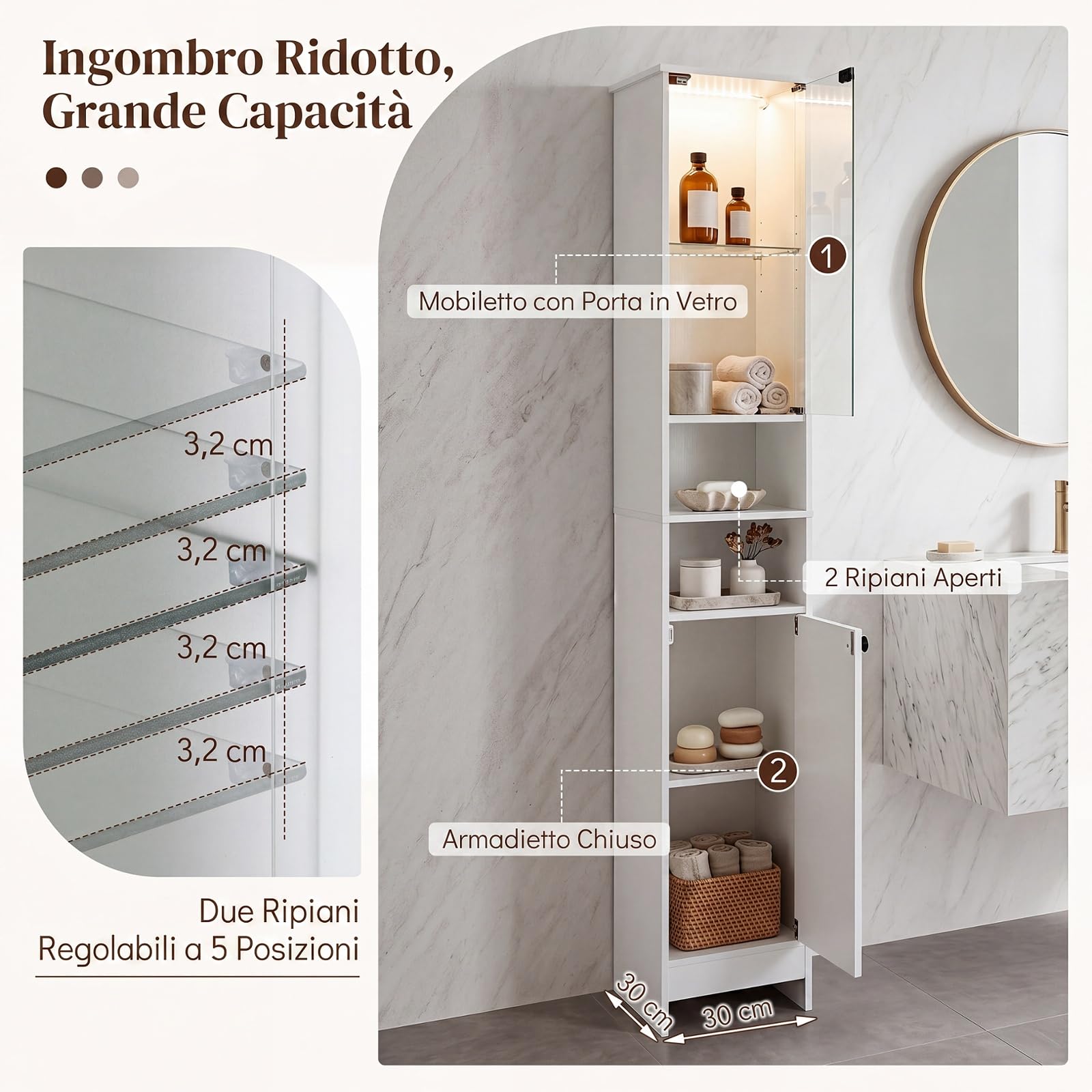 COSTWAY Mobile Alto da Bagno, Mobiletto a Colonna Stretto con Luci LED e Telecomando, Ante in Vetro e Mensole Regolabili, Armadio Salvaspazio a Terra per Soggiorno, 30 x 30 x 170 cm (Bianco)