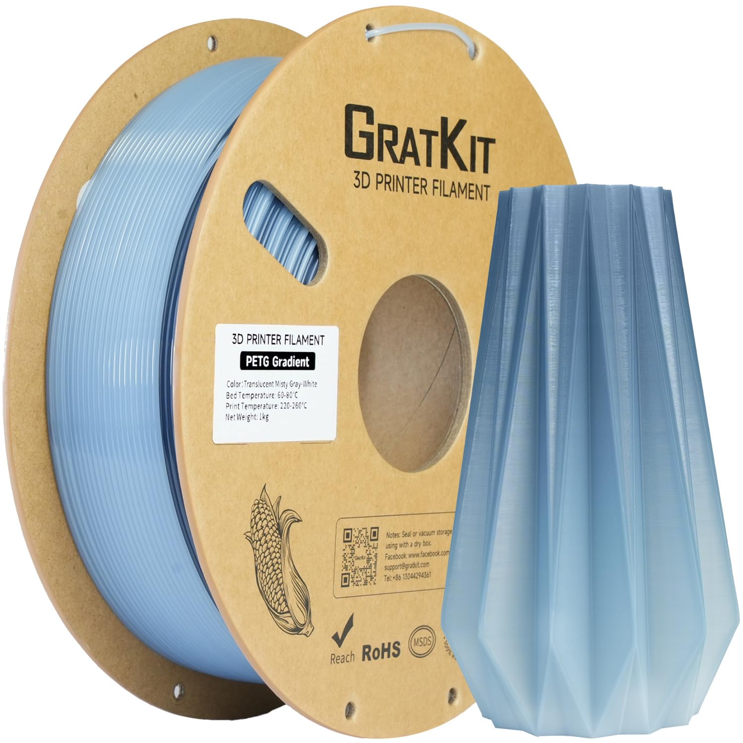 GratKit Gradient PETG Filament, 1.75mm, 1kg, Translucent Misty Gray White