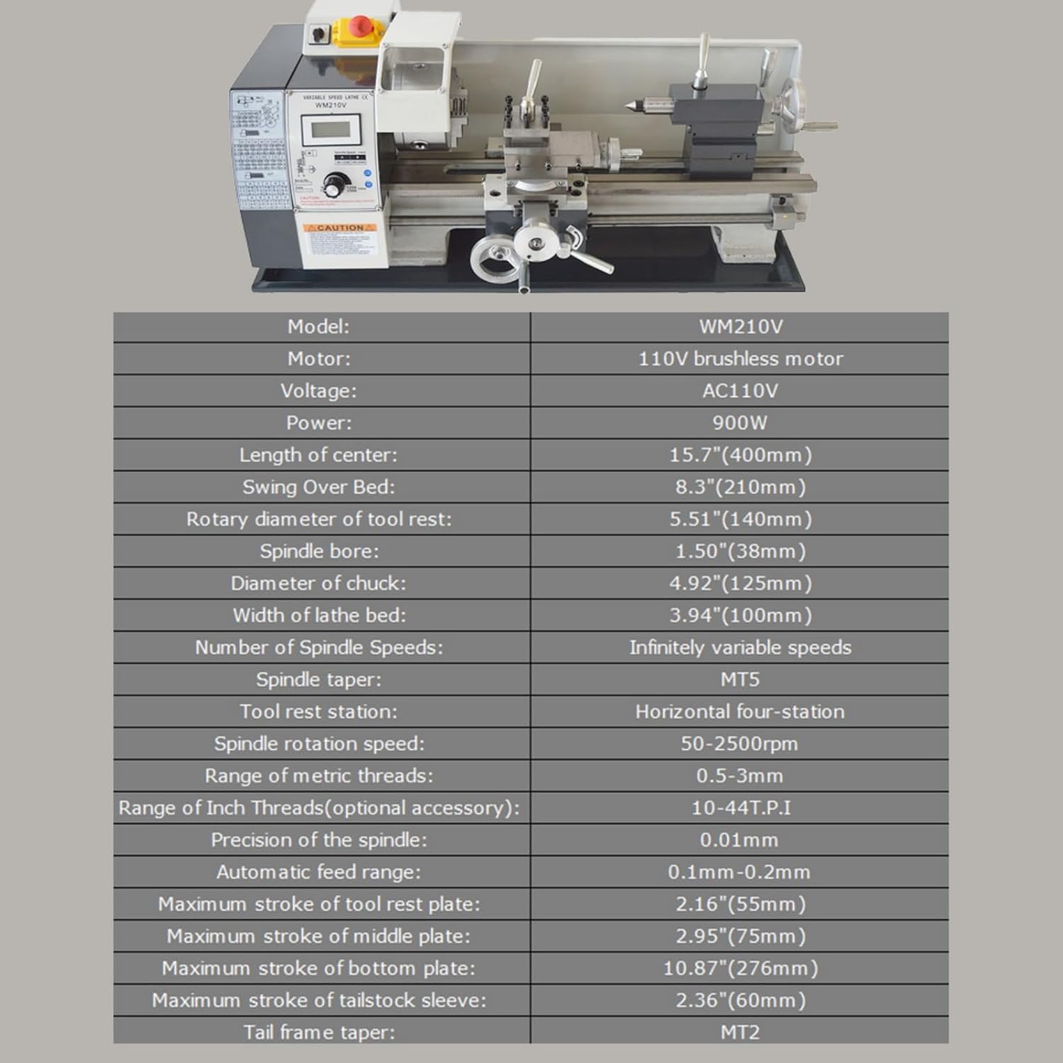 Mini Metal Lathe WM210V Inch Thread 900W Benchtop Metal Wood Horizontal Lathe 50-2500rpm Variable Speed 8"×16" Wood Horizontal Processer with Digital Display 110V