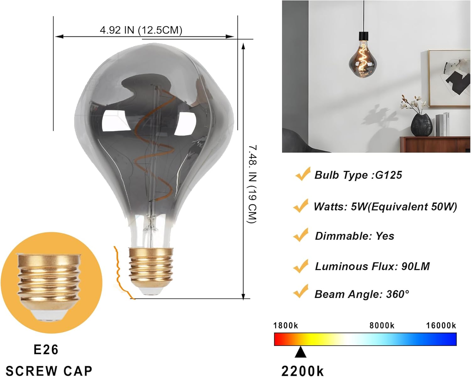 G125 Large LED Oversize Light Bulbs,Dimmable 5W (Equivalent 50 Watt) Edison Bulbs, Smokey Glass Soft Warm Yellow 2200K LED Filament Bulbs,CRI 90+ E26 Medium Base