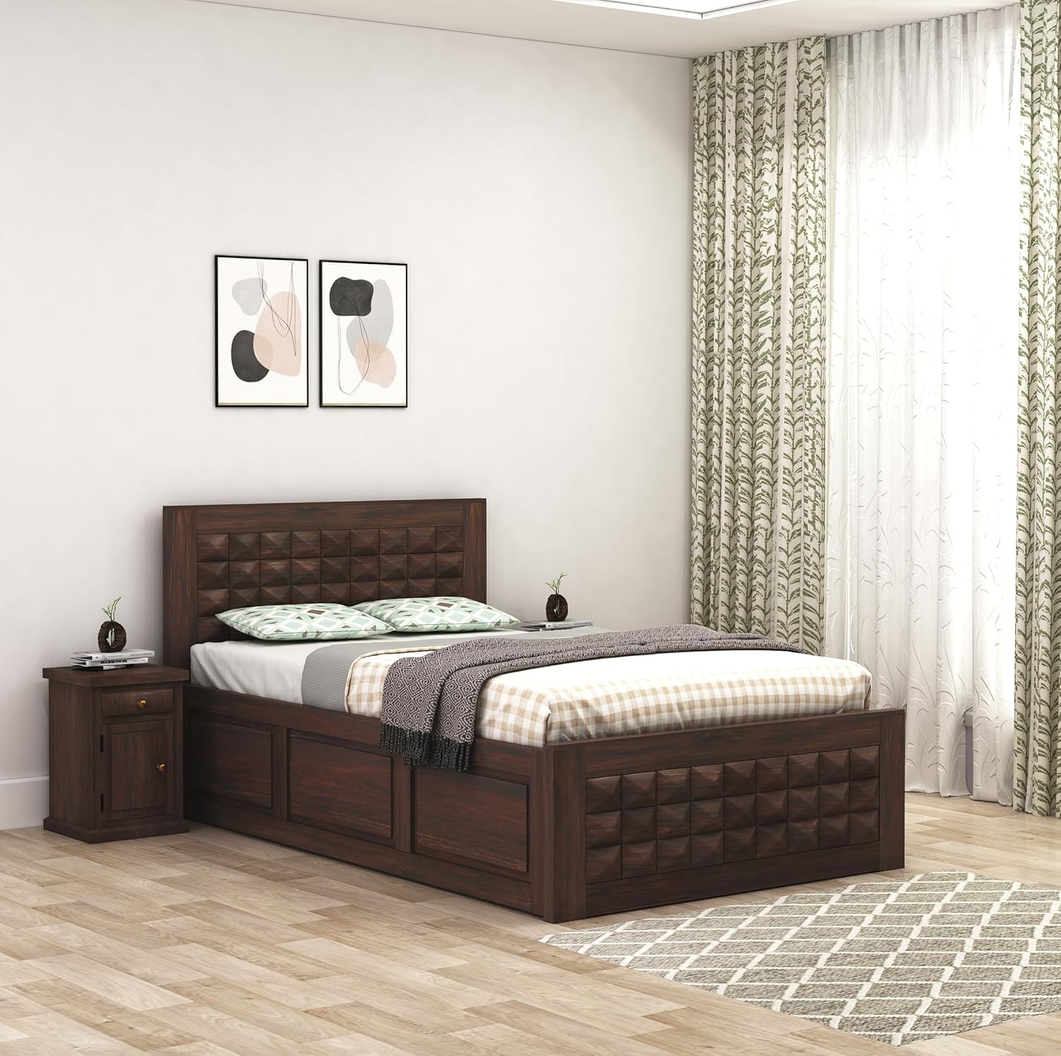Diamond Sheesham Wood Single Bed (78x36) Without Storage Solid Wooden Bed Single Size Cot Furniture for Bedroom Home (Walnut Finish)