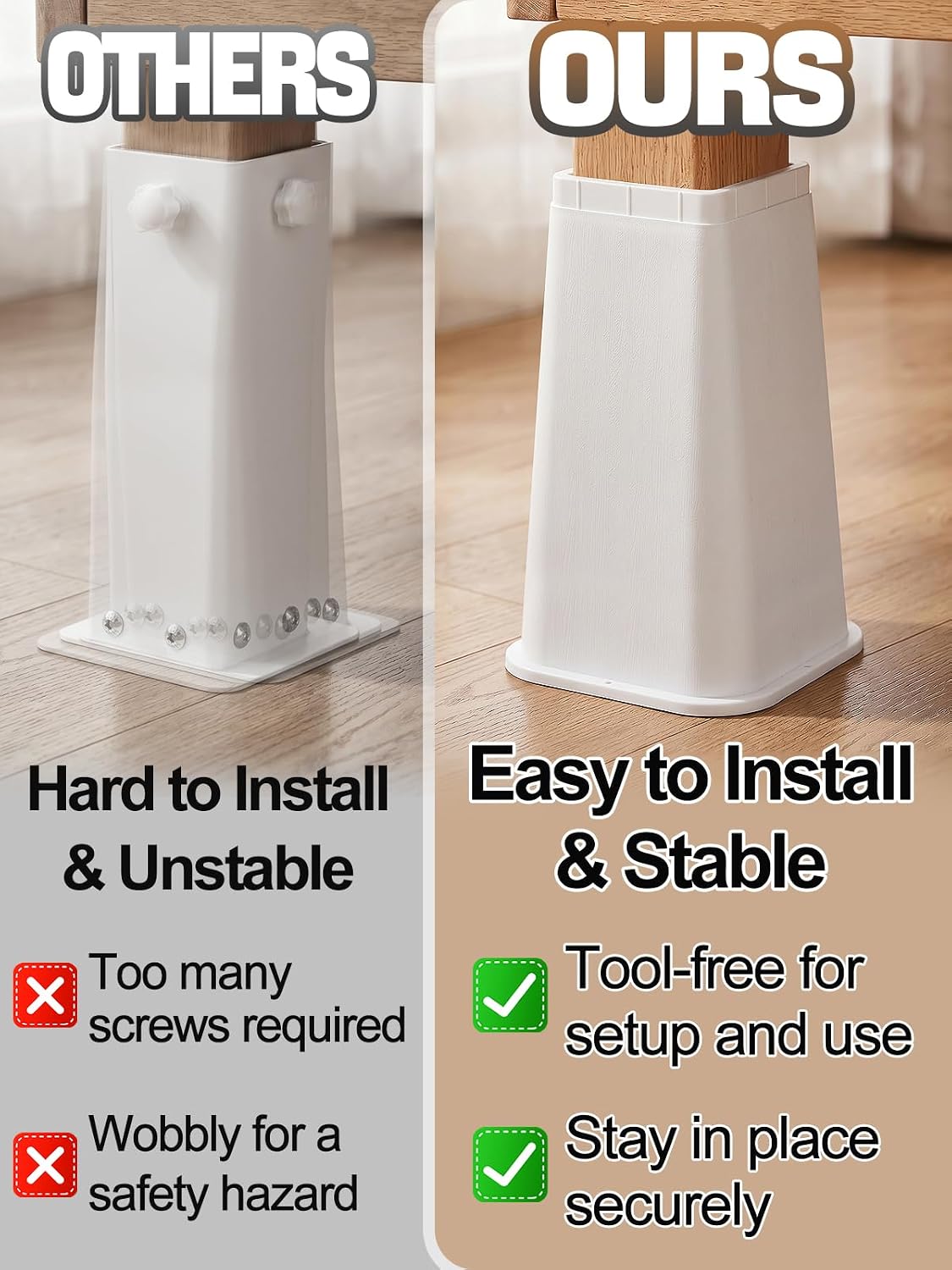 Bigmeta 10in Stable Bed Risers for Dorm Twin XL- Heavy-Duty & Non-Slip Couch Furniture Risers Support up to 3000 Lbs, Under Bed Storage Desk Chair Leg Lifters for College Dorm Essentials, White(4 Pcs)
