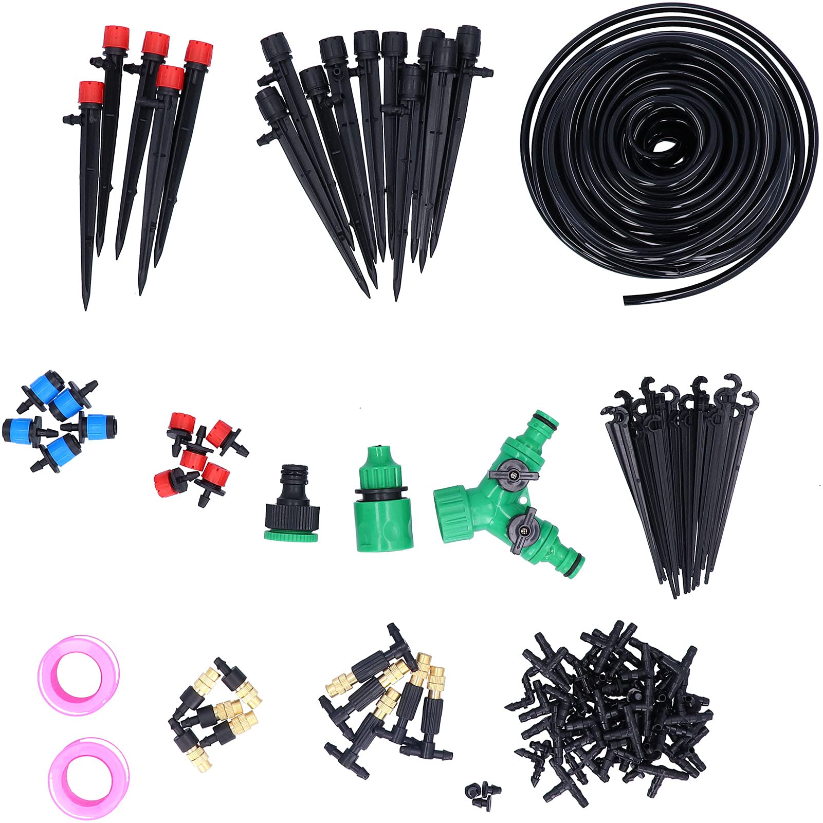 di irrigazione da giardino 25M, kit di irrigazione a goccia con ugelli regolabili, attrezzatura per irrigazione per orto, prato, terrazza, include 35 T, 10 gomiti, 20 inserti a