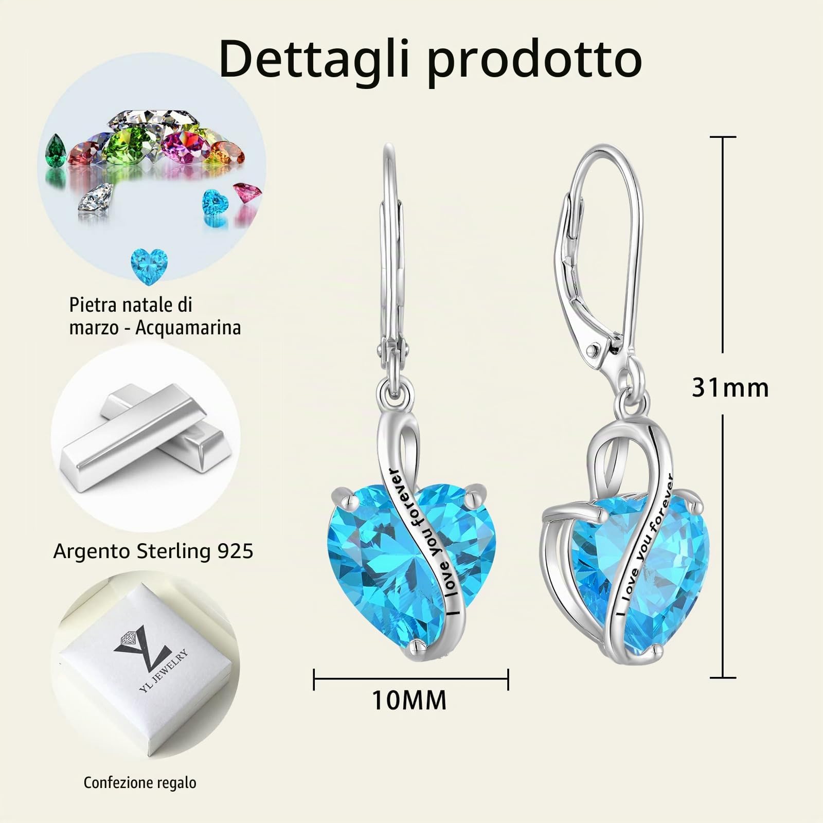 YL Orecchini Cuore Argento 925 con"I love you forever" 12 Pietra Portafortuna Zirconia Cubica Orecchini per donna