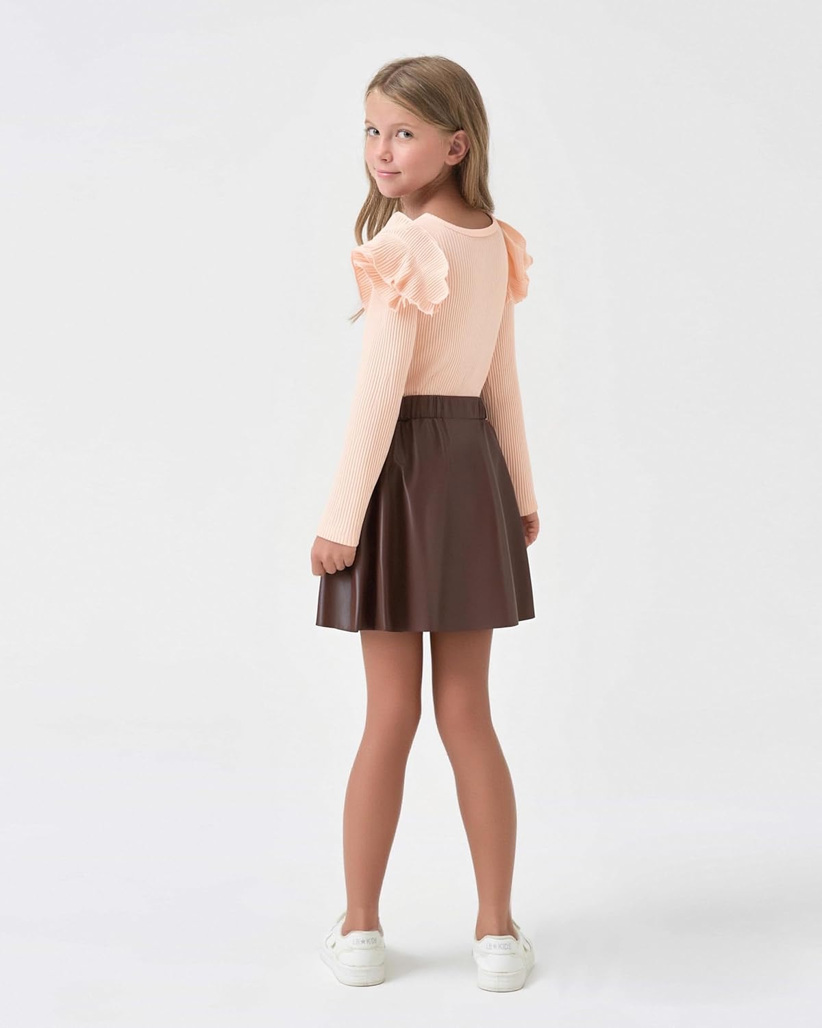 Girls Teen Clothes, Fall Winter Outfits Long Sleeve Ruffle Sleeve Top and Pleated Plaid Mini Skirt Set Size 7-14Y - Image 5