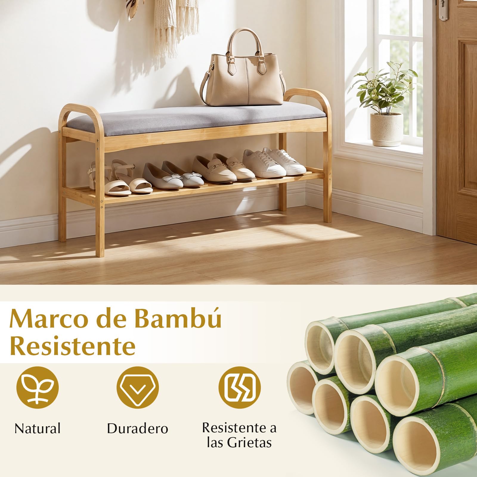 COSTWAY Banco Zapatero de Bambú con Cojín, Banco para Zapatos con 1 Estante, Banco Zapatero Pasillo Entrada Salon Dormitorio, 100,5 x 31 x 51 cm