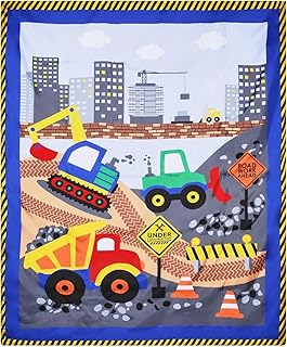 EVERYDAY KIDS Construction Twin/Full Size Bed Comforter for Young Boys with Dump Trucks and Bulldozers; Toddler Boy Bedding for Building Decor; All Season Orange, Yellow and Blue Comforter