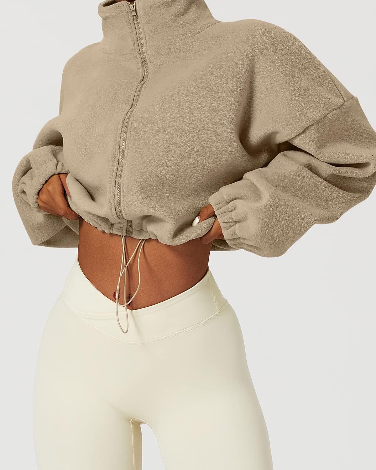 QINSEN Women's Full Zip Fleece Short Jacket Warm Winter Long Sleeve Stand Collar Sherpa Crop Coat - Image 3