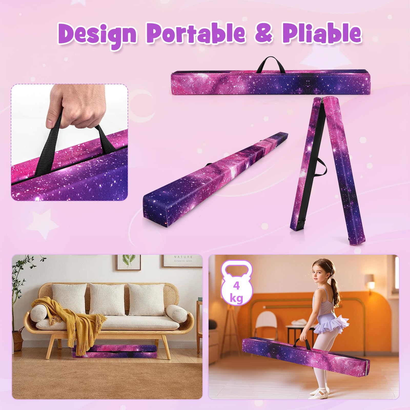 GYMAX Poutre Gymnastique Pliable 210/240/270 cm pour Enfants, Revêtement Antidérapant, Structure en Pin, Poignée de Transport, pour Entraînement à l'Équilibre, Danse, Fitness