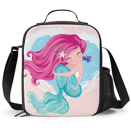 PrelerDIY Mermaid Girl Lunch Box - Insulated Lunch Box for Kids with Side Pocket & Shoulder Strap Lunch Bag, Perfect for School/Camping/Hiking/Picnic/Beach/Travel