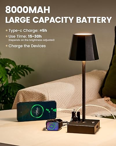 Miniatura 3 de Lámpara de mesa inalámbrica para dormitorio, lámpara táctil recargable de 8000 mAh con puertos USB, lámpara de escritorio LED portátil con