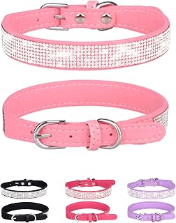 Aecllcea Pink Bling Rhinestone Adjustable Dog Collar for Small Dogs & Cats - Soft Suede Leather, Durable Zinc Buckle (Size S)