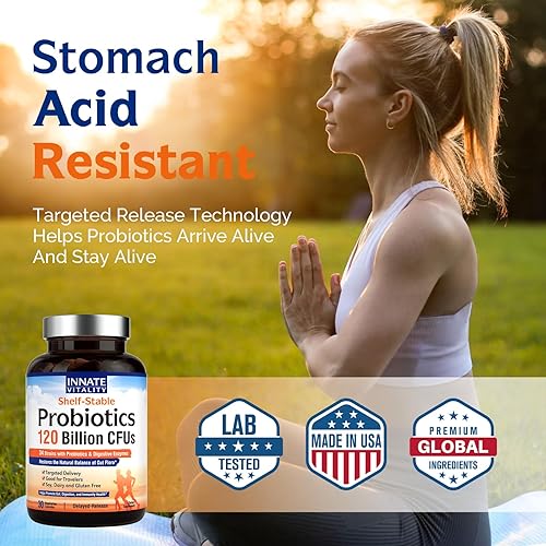 Miniatura 6 de Innate Vitality Probiotics 120 Billion CFUs for Men & Women, 34 Strains with Prebiotics & Digestive Enzymes, Immune & Digestive Health, Delayed