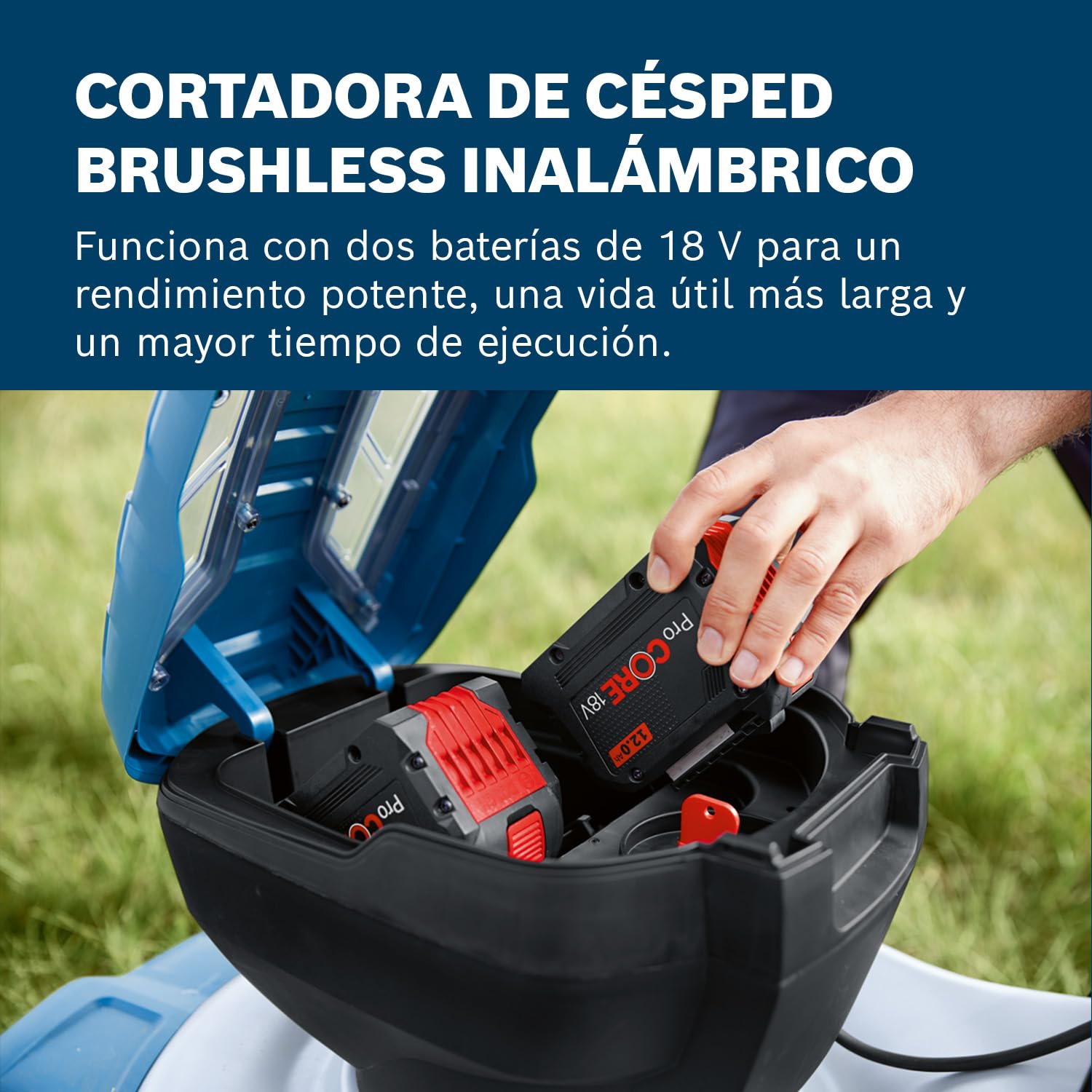 Bosch Professional 18V cortacésped a batería GRA 18V2-46 sin bat./carg. | Ancho de corte de 46 cm, 6 alturas y cesto de 60L. Incluye tapón de triturado