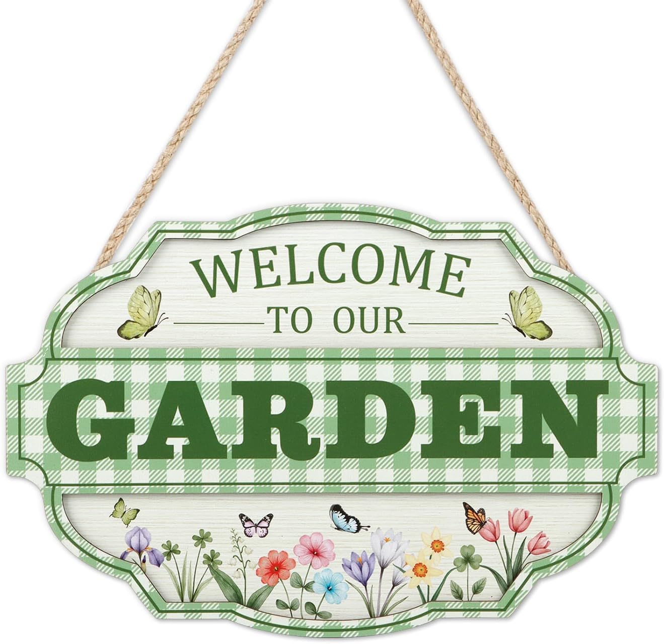 Celestdeco 3D Welcome to Our Garden Wood Sign,(11.4”x8”) Gardening Yard Greenhouse Decor,Sage Green Gardening Sign, Flowers Butterfly Garden Decorations for Outside Indoor,Gardening Gifts