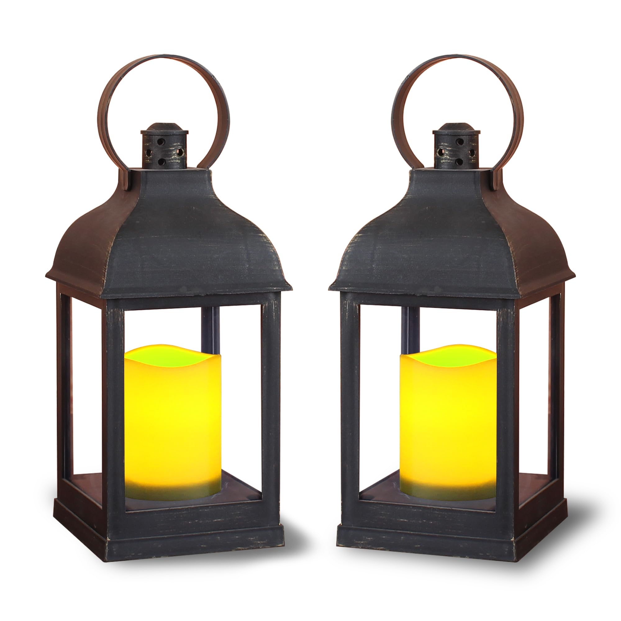 WRalwaysLX 2pack Decorative Lantern with flameless LED Candle Light, ON/Off/Timer Candle with 6Hours, Outdoor/Indoor LED Lantern, Use AAA Battery(not Include) Bronze Plastic (4x9)