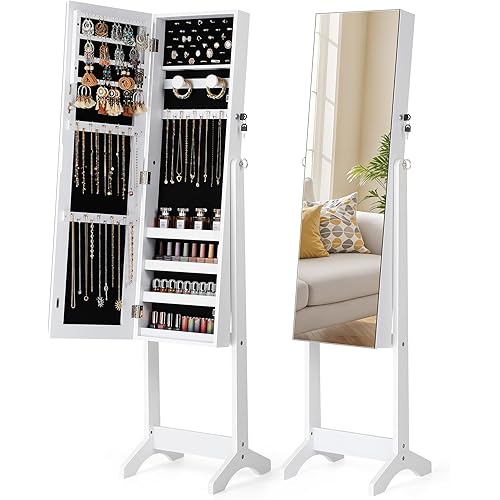 Nicetree Jewelry Cabinet with Full-Length Mirror, Standing Lockable Jewelry Armoire Mirror Organizer, 3 Angel Adjustable, Christmas Gifts, White