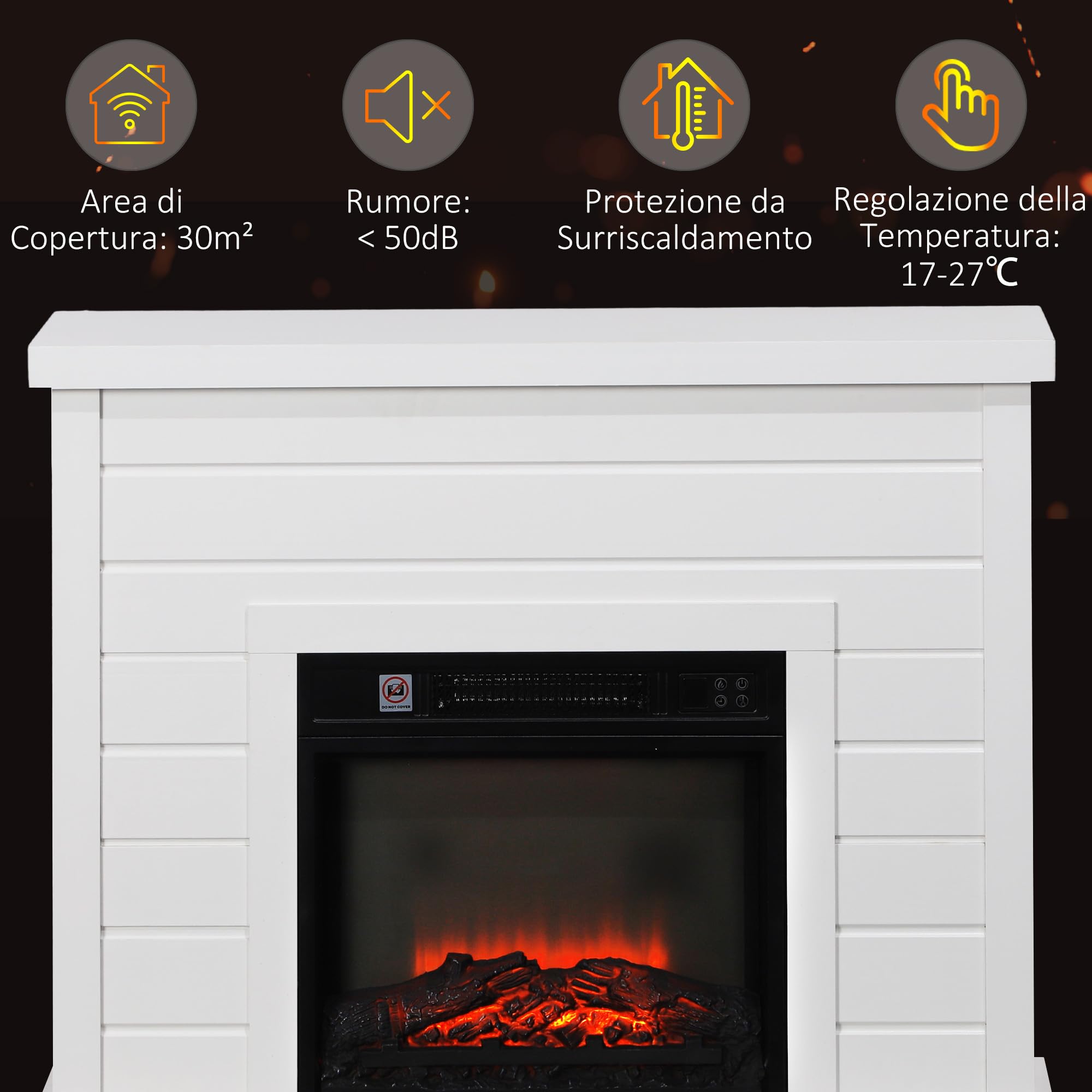 HOMCOM Camino Elettrico con Effetto Fiamma 3D, 97cm 1800W Caminetto Elettrico con Spegnimento Automatico, Risacaldamento Regolabile, Termostato, Timer e Telecomando per Soggiorno, 30㎡, Bianco
