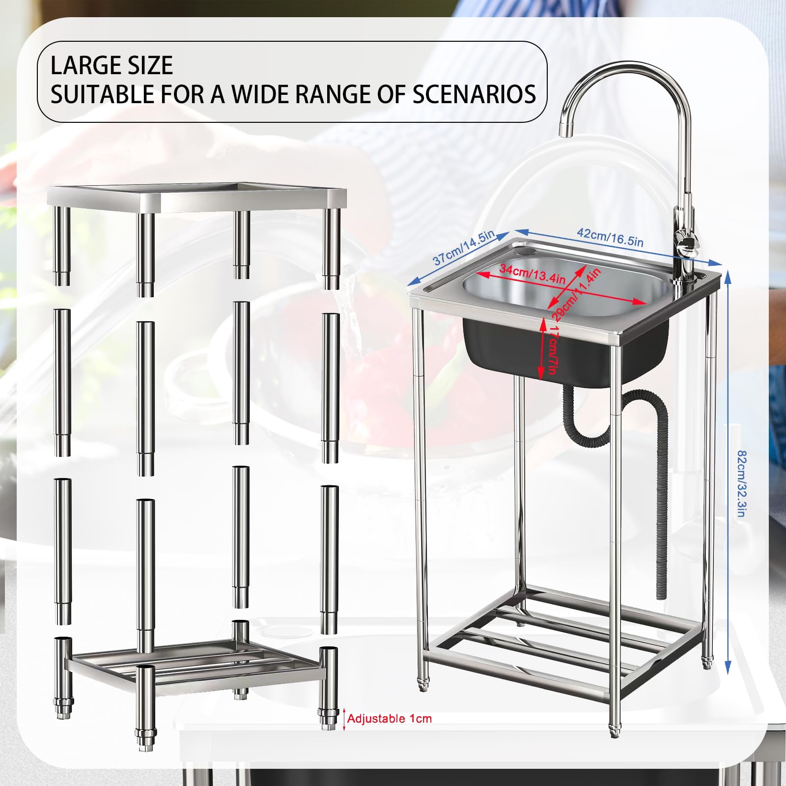 Lavello in Acciaio Inox Lavello Cucin Autoportante Lavello Cucina Commerciale Giardino Esterno lavando lavello per Interni Esterni Garage e Cortile Ristorante Lavanderia (42 x 37 x 82cm)